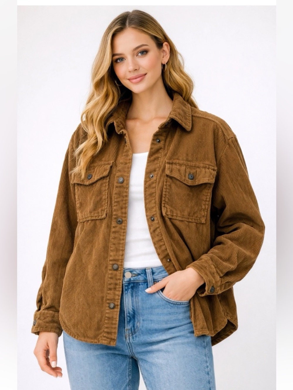 Kensie Jeans Brown cordouroy Button down shacket with Pockets Women's Size M